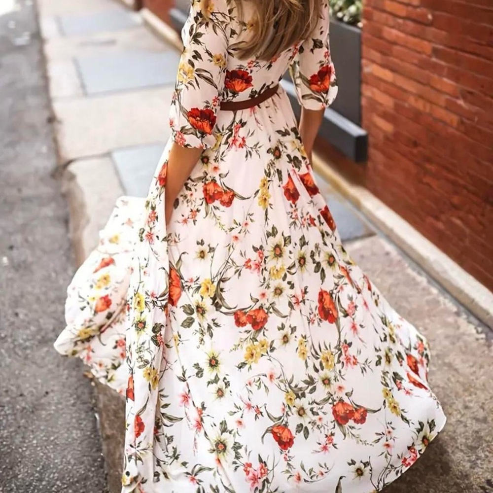 Floral Maxi Dress - White with Red and Yellow Accents